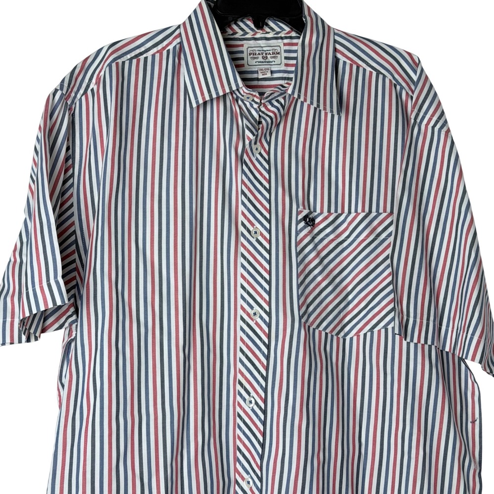 Y2K Phat Farm Shirt Mens 2XL Red Navy Blue Striped Button Up Short Sleeve Cotton